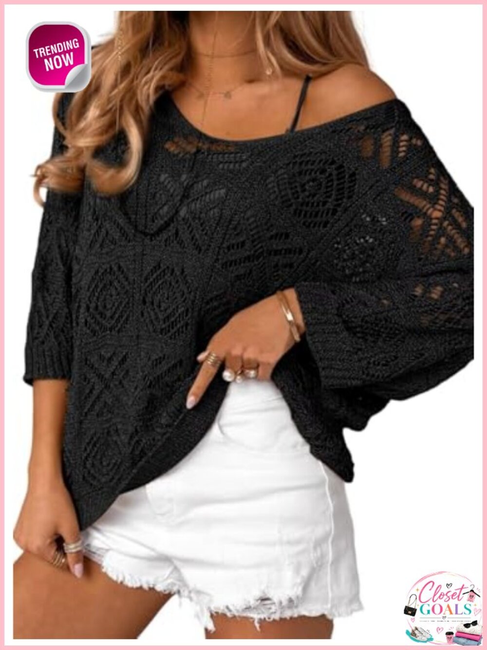 Crochet Hollow Out 3/4 Sleeve Off Shoulder Pullover Sweater Coverup